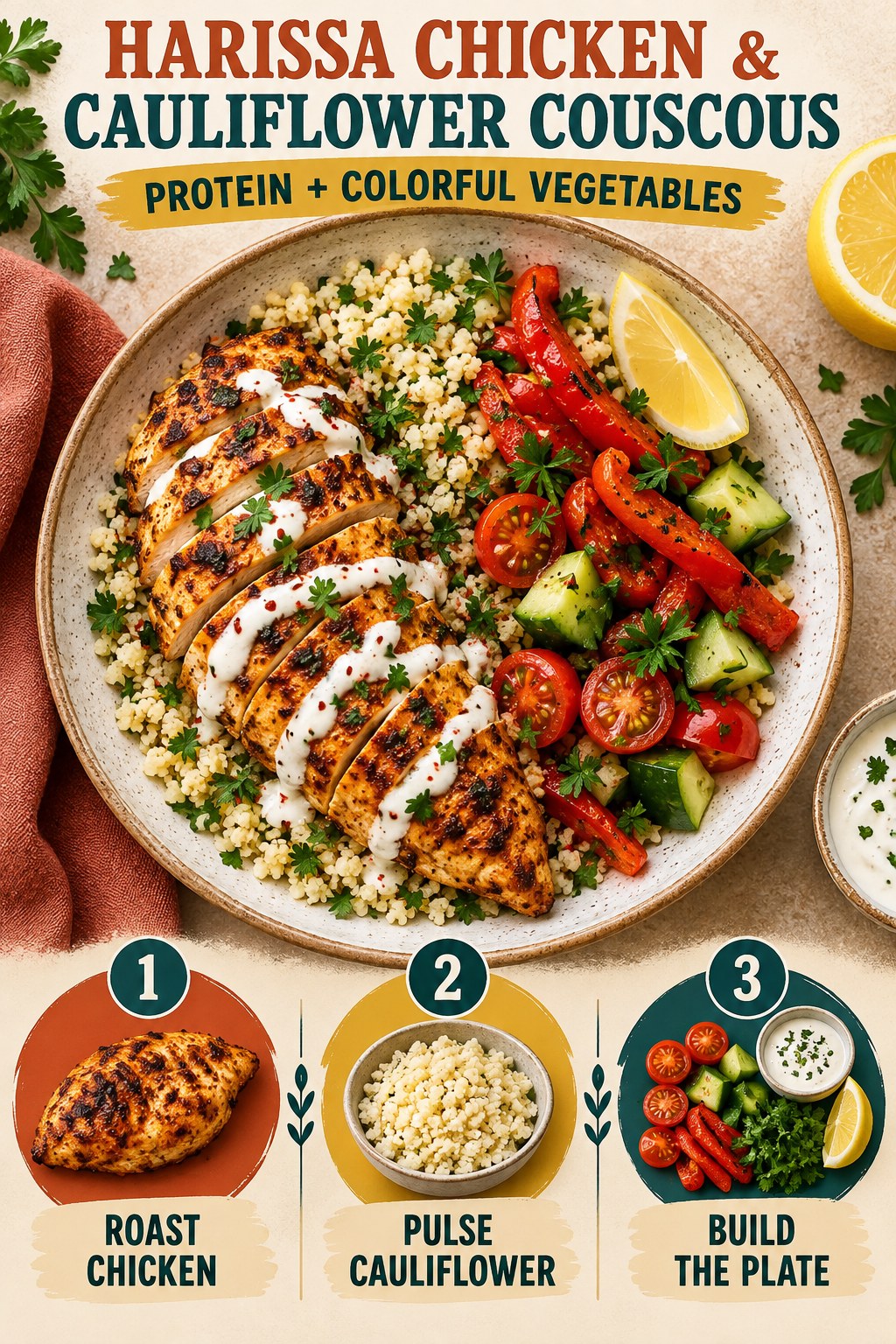 Harissa chicken with cauliflower couscous, peppers, cucumber, tomatoes, lemon, herbs, and yogurt sauce.