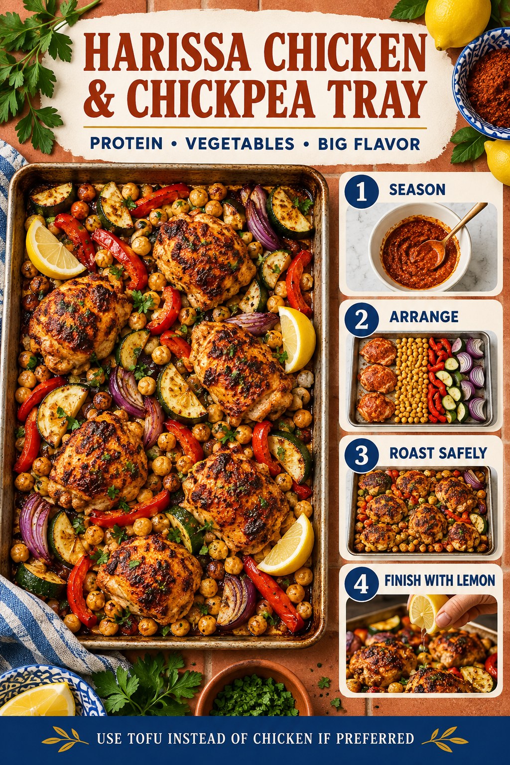Portrait recipe infographic showing a roasted tray of chicken, chickpeas, peppers, zucchini, onion, and lemon with four preparation steps.