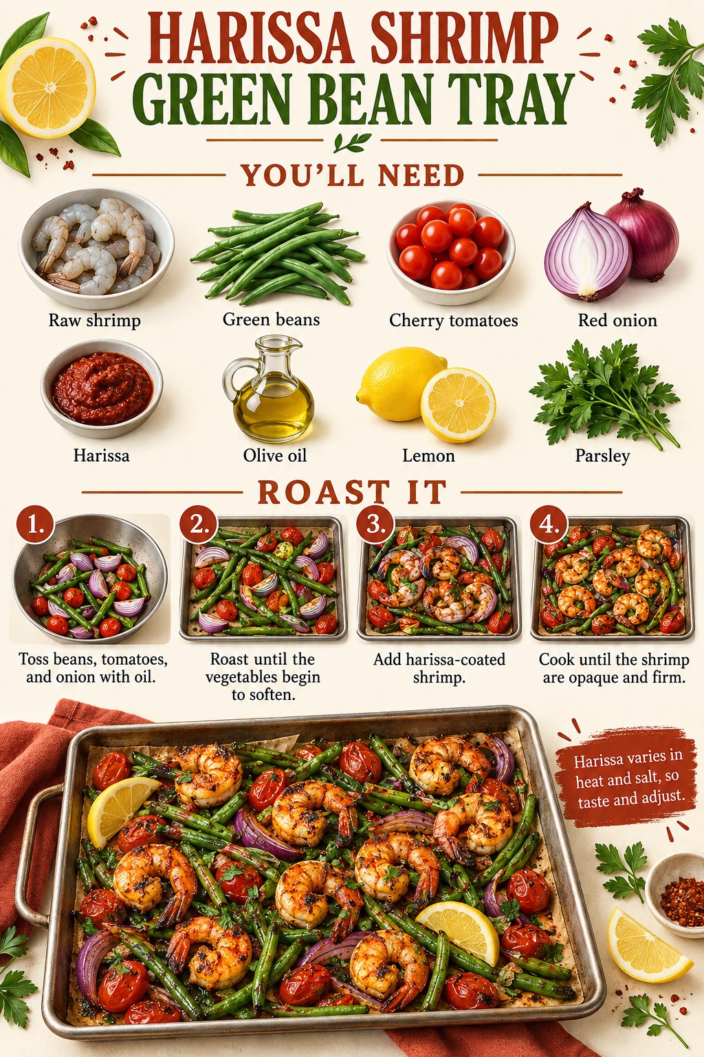 Harissa shrimp sheet pan with green beans, cherry tomatoes, red onion, lemon wedges, and parsley.