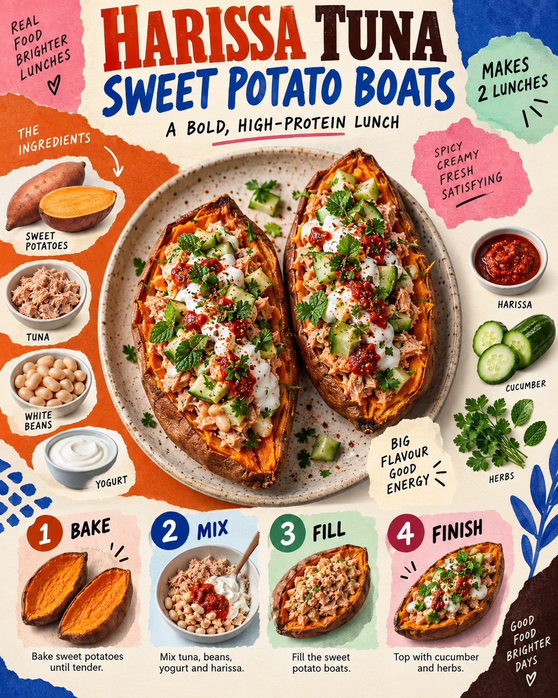 Paprika orange, ultramarine, mint, cream, berry pink, and brown collage infographic for harissa tuna sweet potato boats.