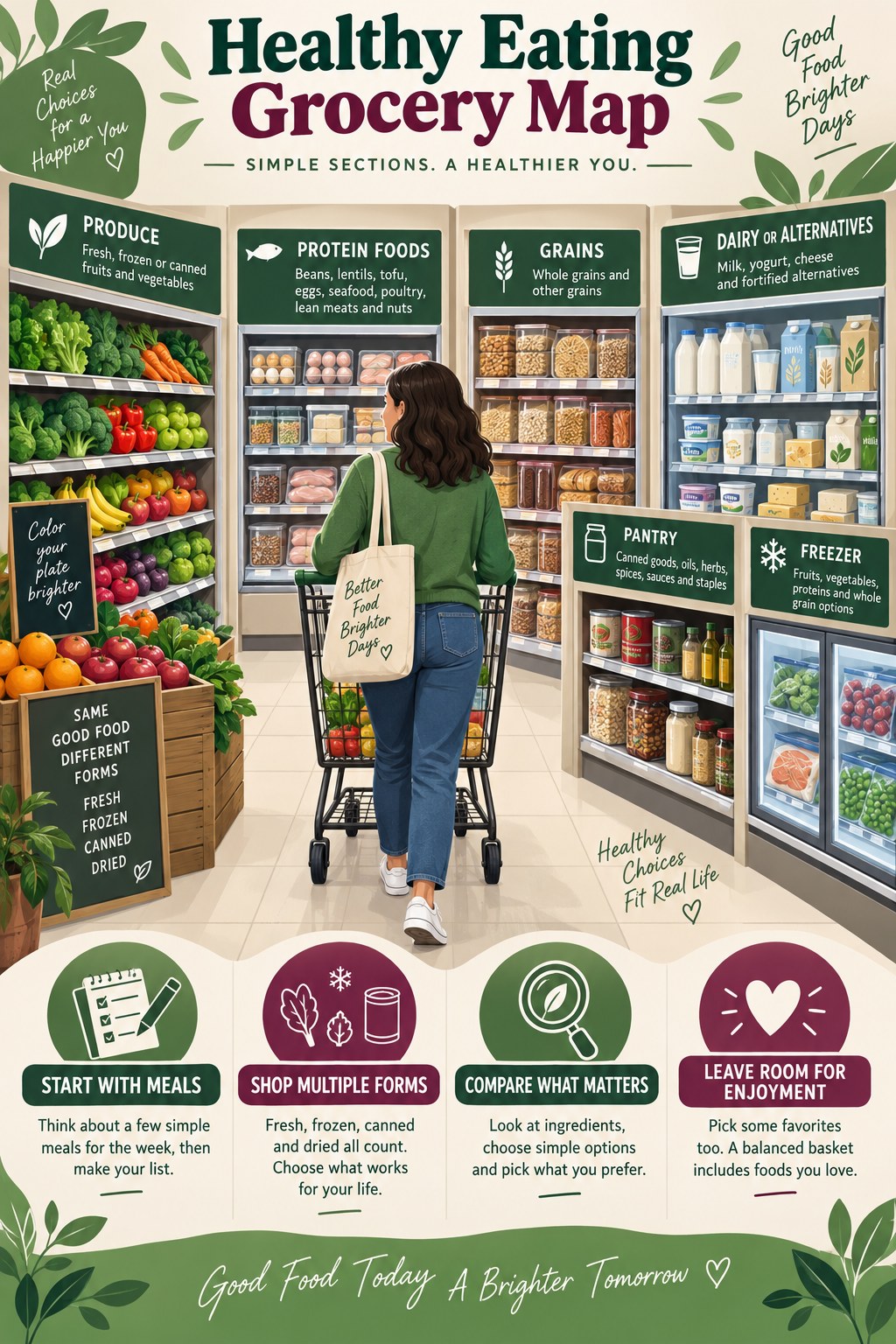 Portrait grocery map showing a shopper with produce, protein foods, grains, dairy or alternatives, pantry and freezer sections plus flexible shopping cues.