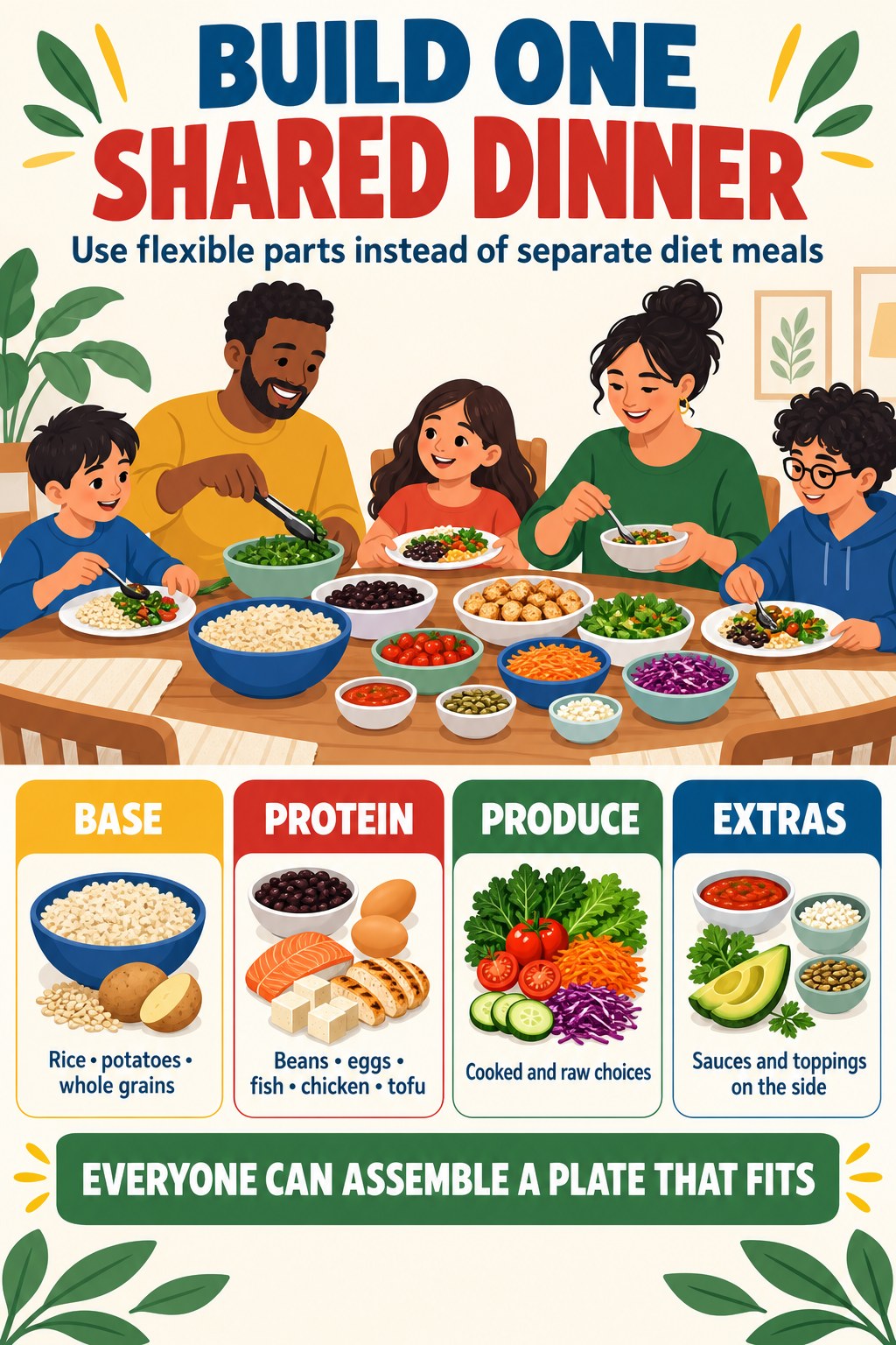 Shared dinner infographic with base, protein, produce, and toppings