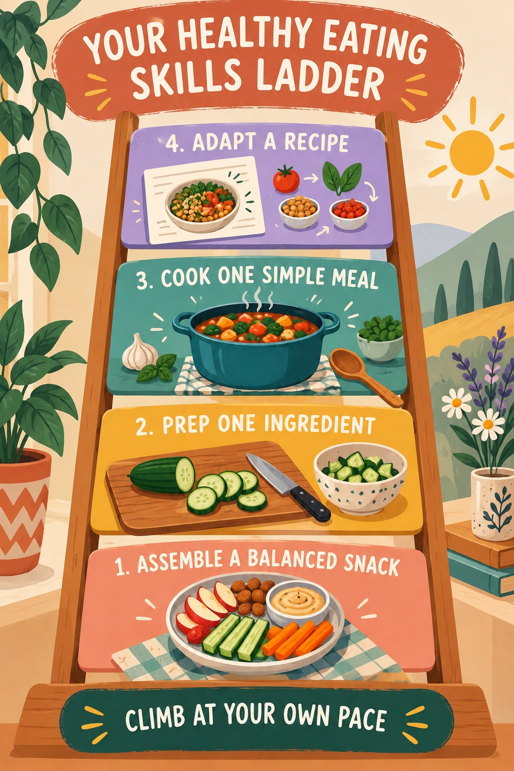 Portrait illustrated ladder showing four healthy eating skills: assemble a balanced snack, prep one ingredient, cook one simple meal, and adapt a recipe.