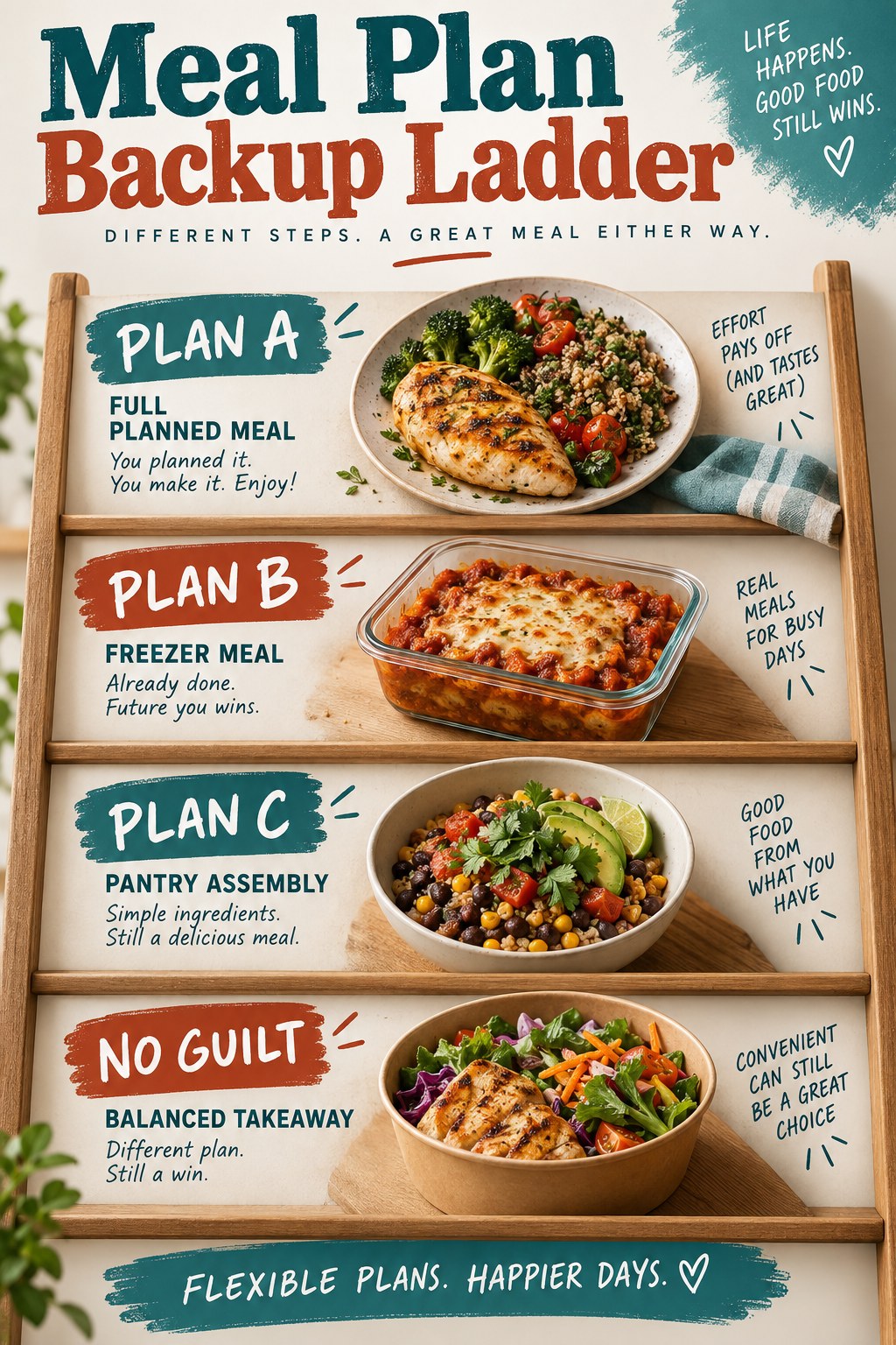 Portrait infographic showing a meal backup ladder with a full planned meal, freezer meal, pantry assembly, balanced takeaway, and a no-guilt reminder.