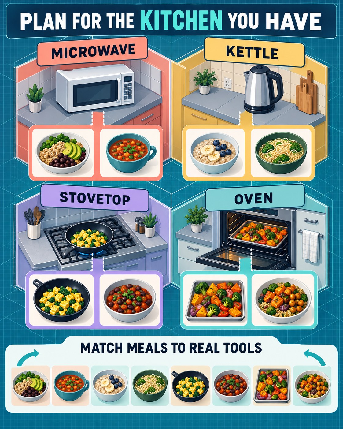 Teal, coral, mustard, lavender, white, and navy isometric blueprint infographic mapping meals to kitchen tools.