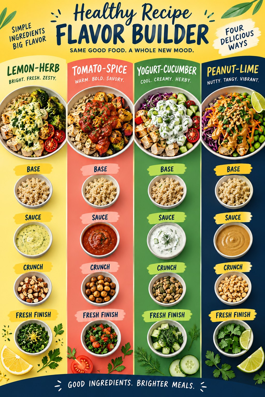 Portrait infographic showing one balanced meal base with lemon-herb, tomato-spice, yogurt-cucumber, and peanut-lime sauces, crunch, and fresh finishes.