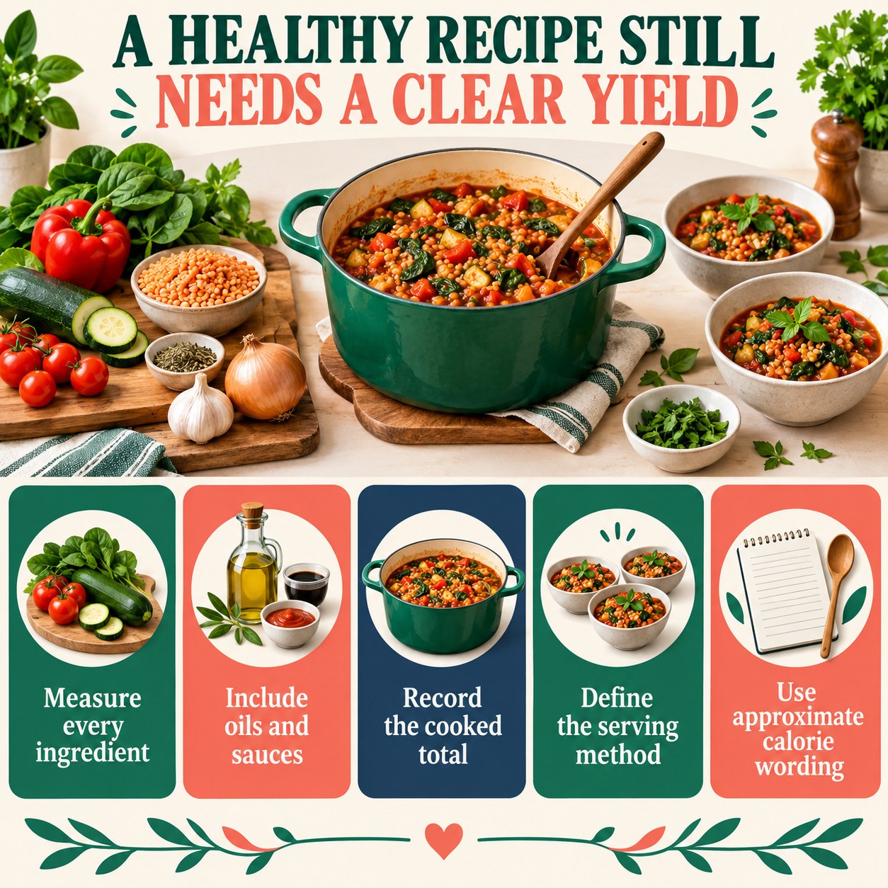 Recipe infographic showing measured ingredients, oils and sauces, cooked total, serving method, and approximate calorie wording
