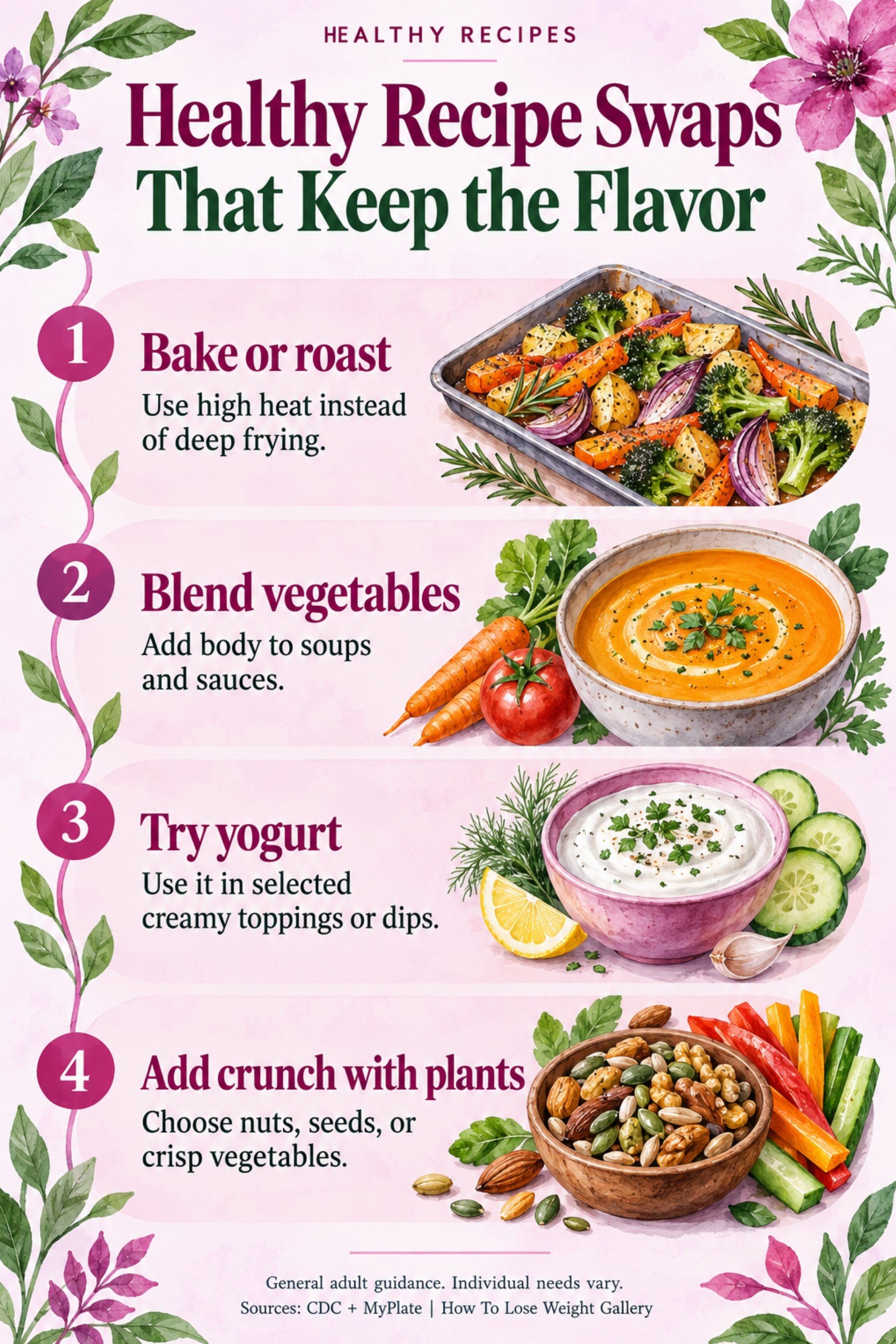 Colorful infographic titled Healthy Recipe Swaps That Keep the Flavor with four illustrated tips for Healthy Recipes.