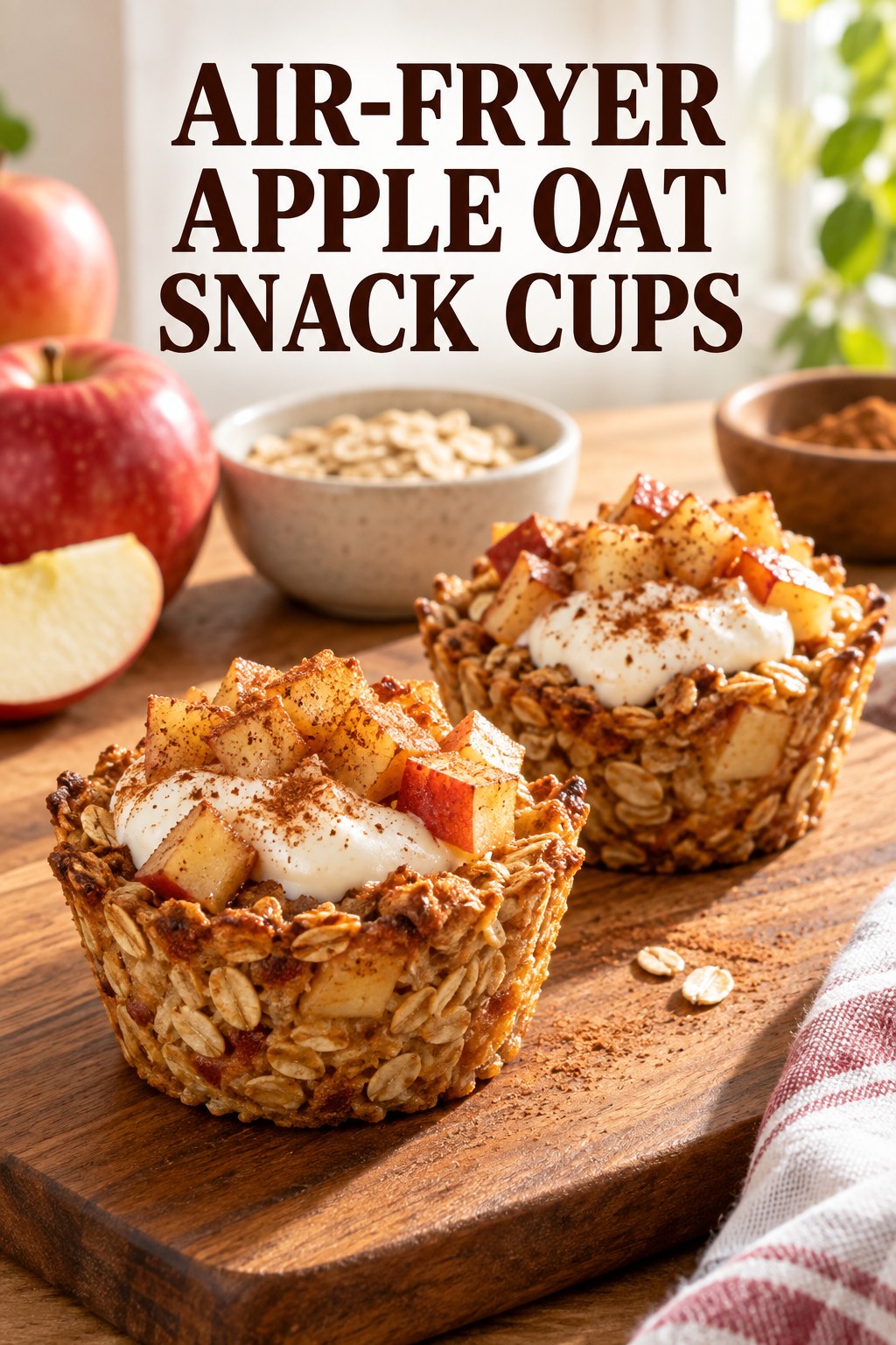 Two servings of air-fryer apple oat snack cups with apple and oats.