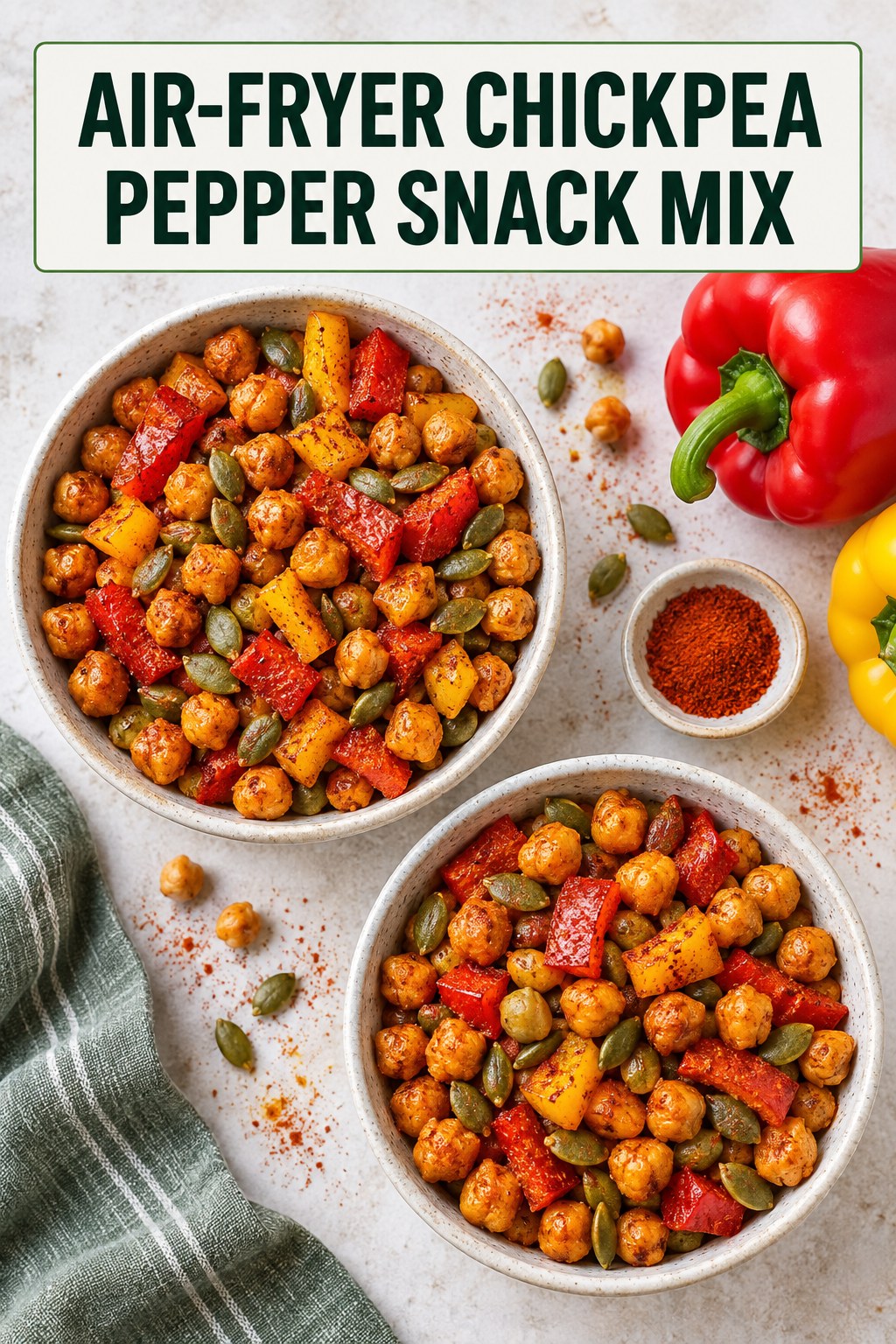 Two servings of air-fryer chickpea pepper snack mix with chickpeas and bell pepper.