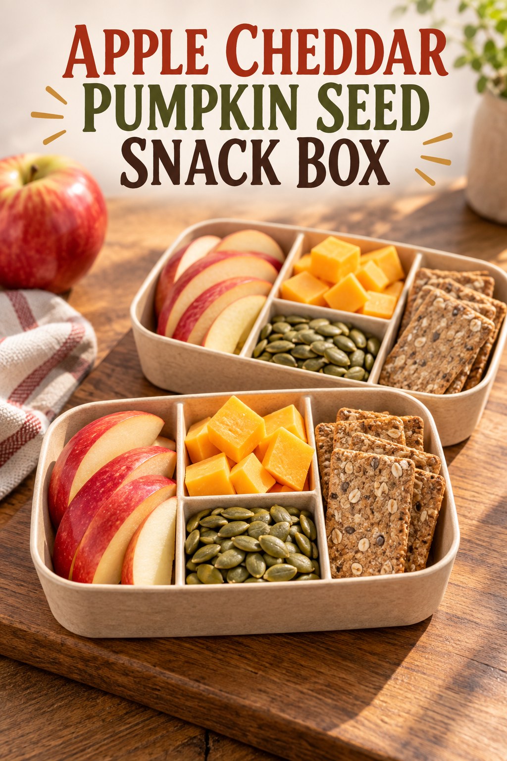 Two servings of apple cheddar pumpkin seed snack box with apple and cheddar.