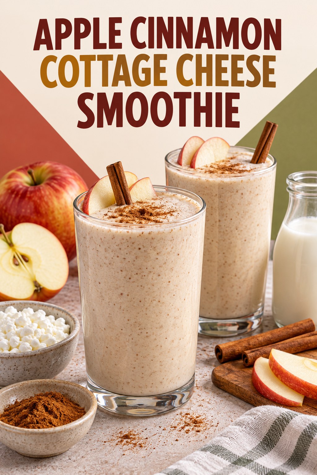 Two servings of apple cinnamon cottage cheese smoothie with apple and cottage cheese.