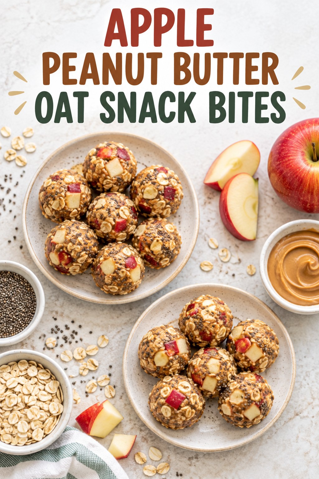 Two servings of apple peanut butter oat snack bites with apple and peanut butter.