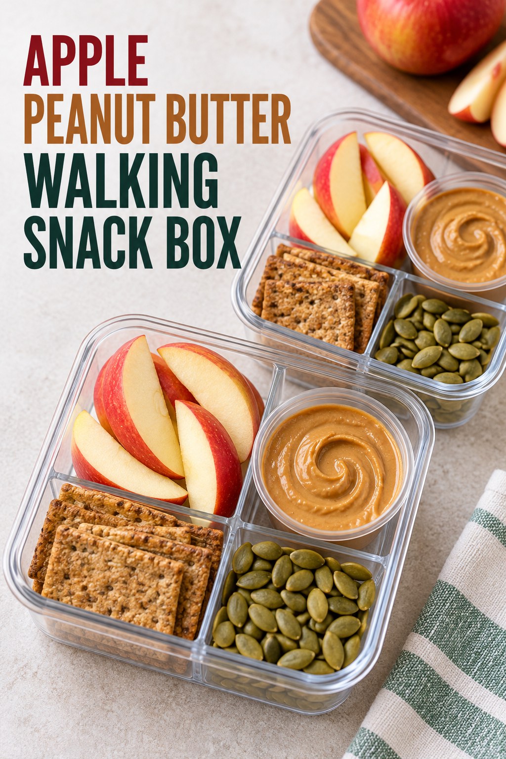 Two servings of apple peanut butter walking snack box with apple and peanut butter.