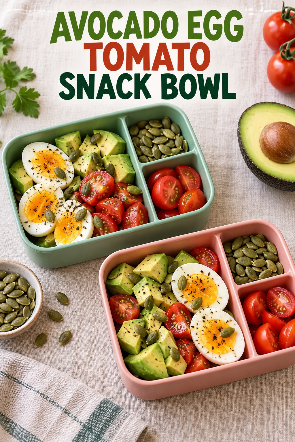 Two servings of avocado egg tomato snack bowl with egg and avocado.