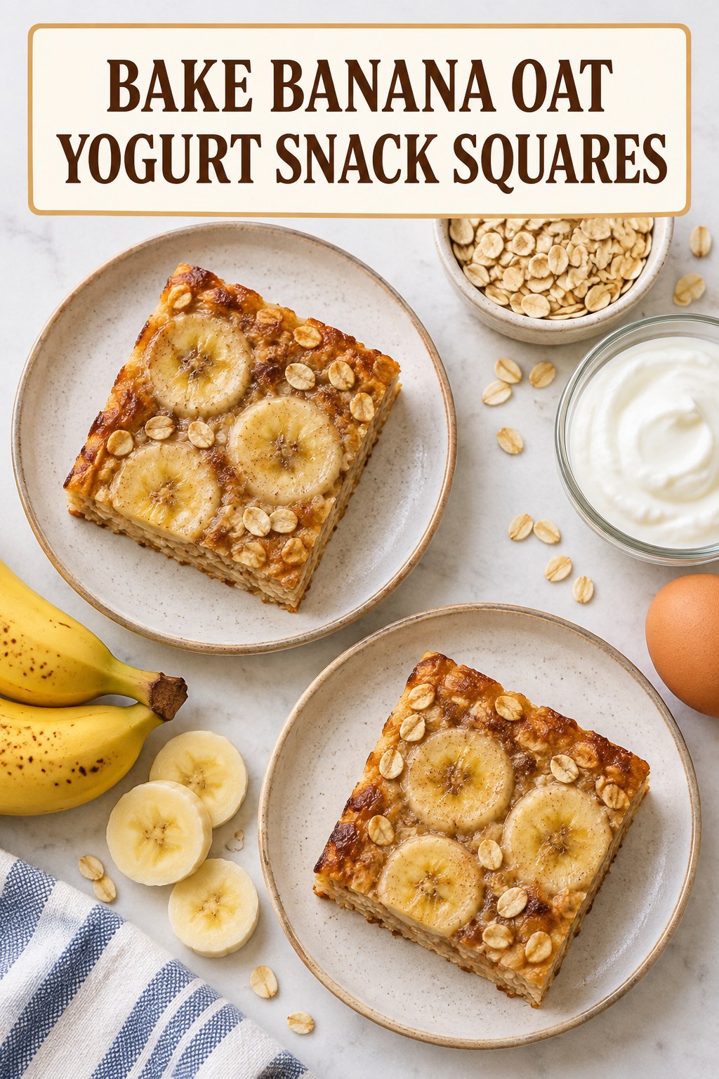 Two servings of bake banana oat yogurt snack squares with banana and oats.