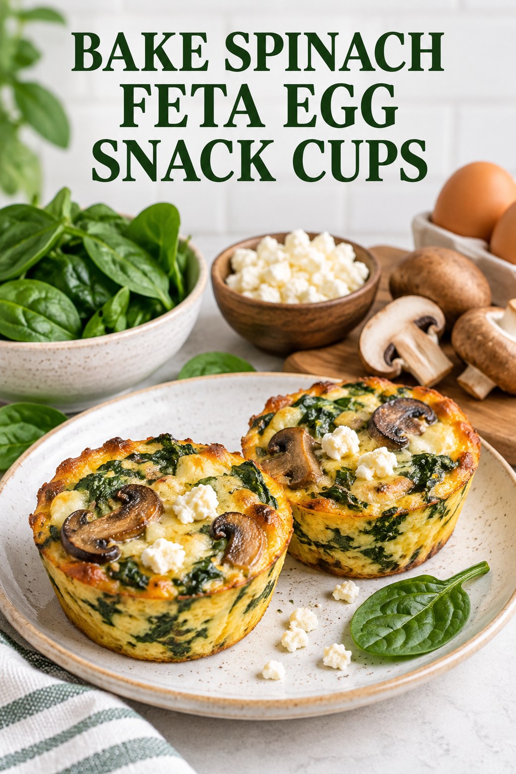 Two servings of bake spinach feta egg snack cups with egg and spinach.