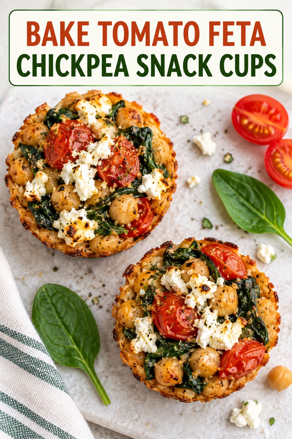 Two servings of bake tomato feta chickpea snack cups with chickpeas and tomato.