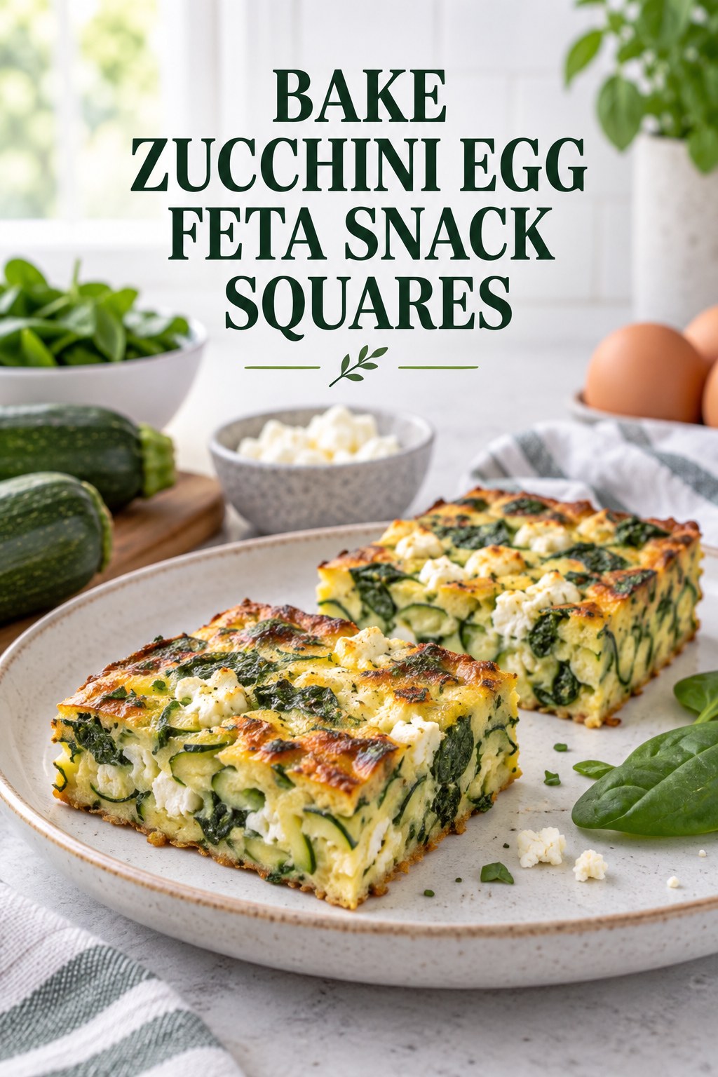 Two servings of bake zucchini egg feta snack squares with egg and zucchini.