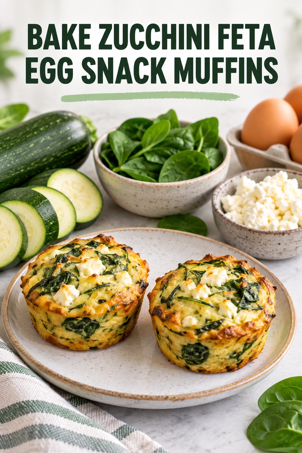 Two servings of bake zucchini feta egg snack muffins with egg and zucchini.