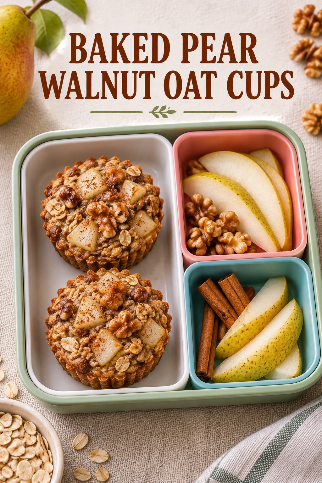 Two servings of baked pear walnut oat cups with pear and oats.