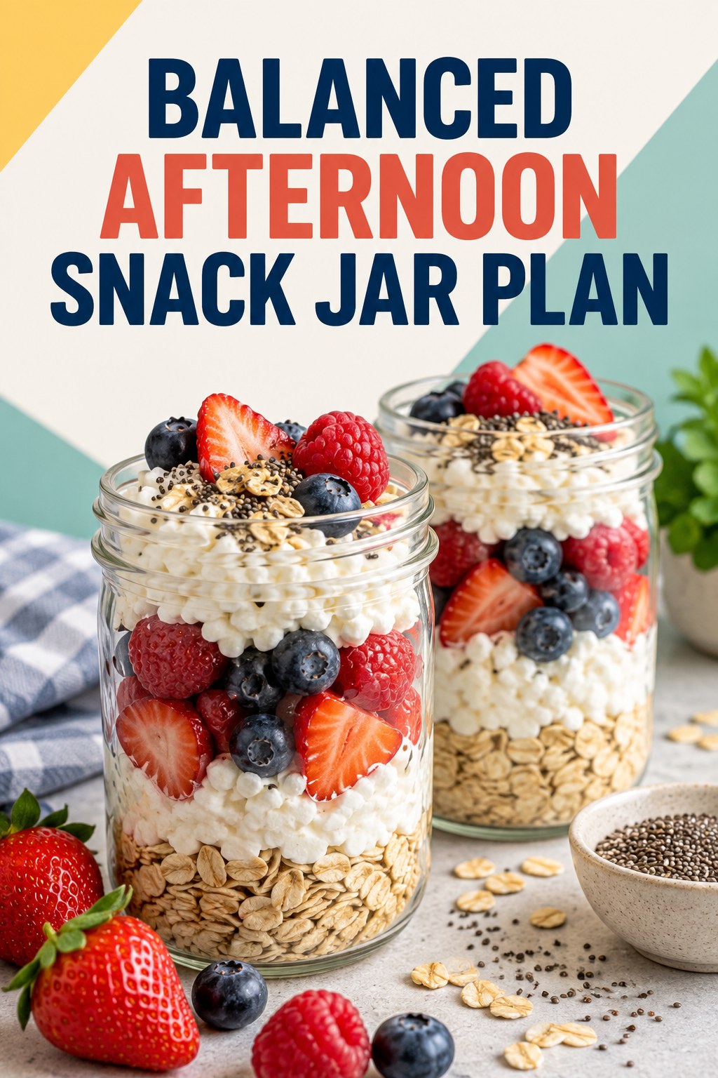 Two servings of balanced afternoon snack jar plan with cottage cheese and berries.