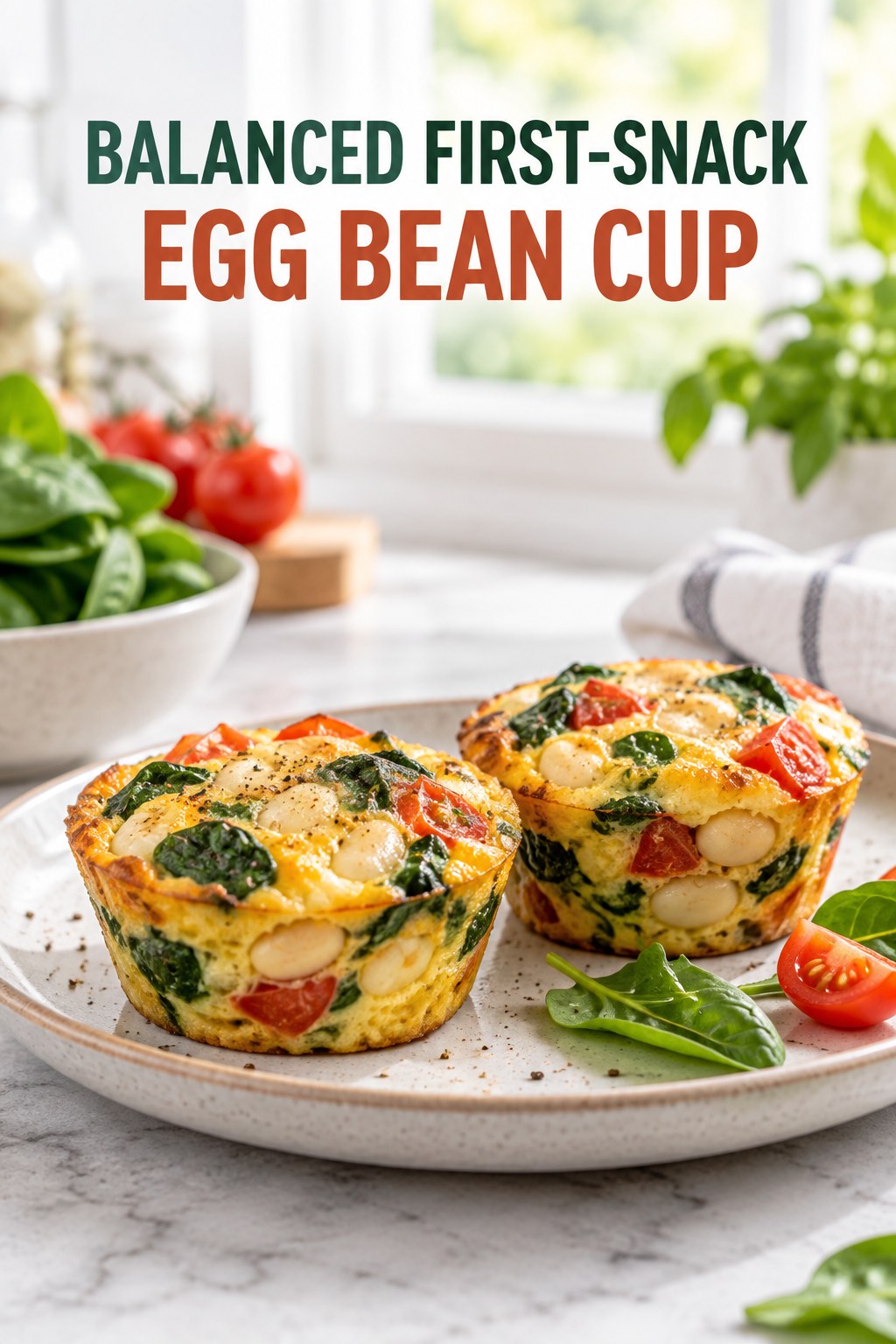 Two servings of balanced first-snack egg bean cup with egg and white beans.