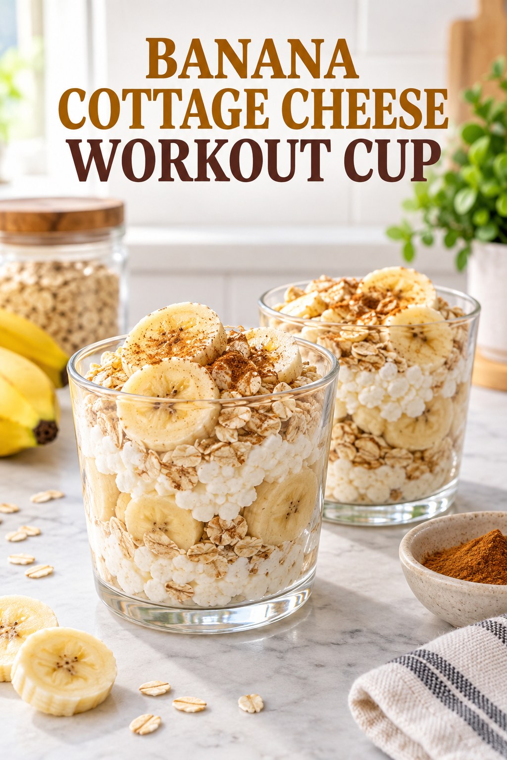 Two servings of banana cottage cheese workout cup with banana and cottage cheese.