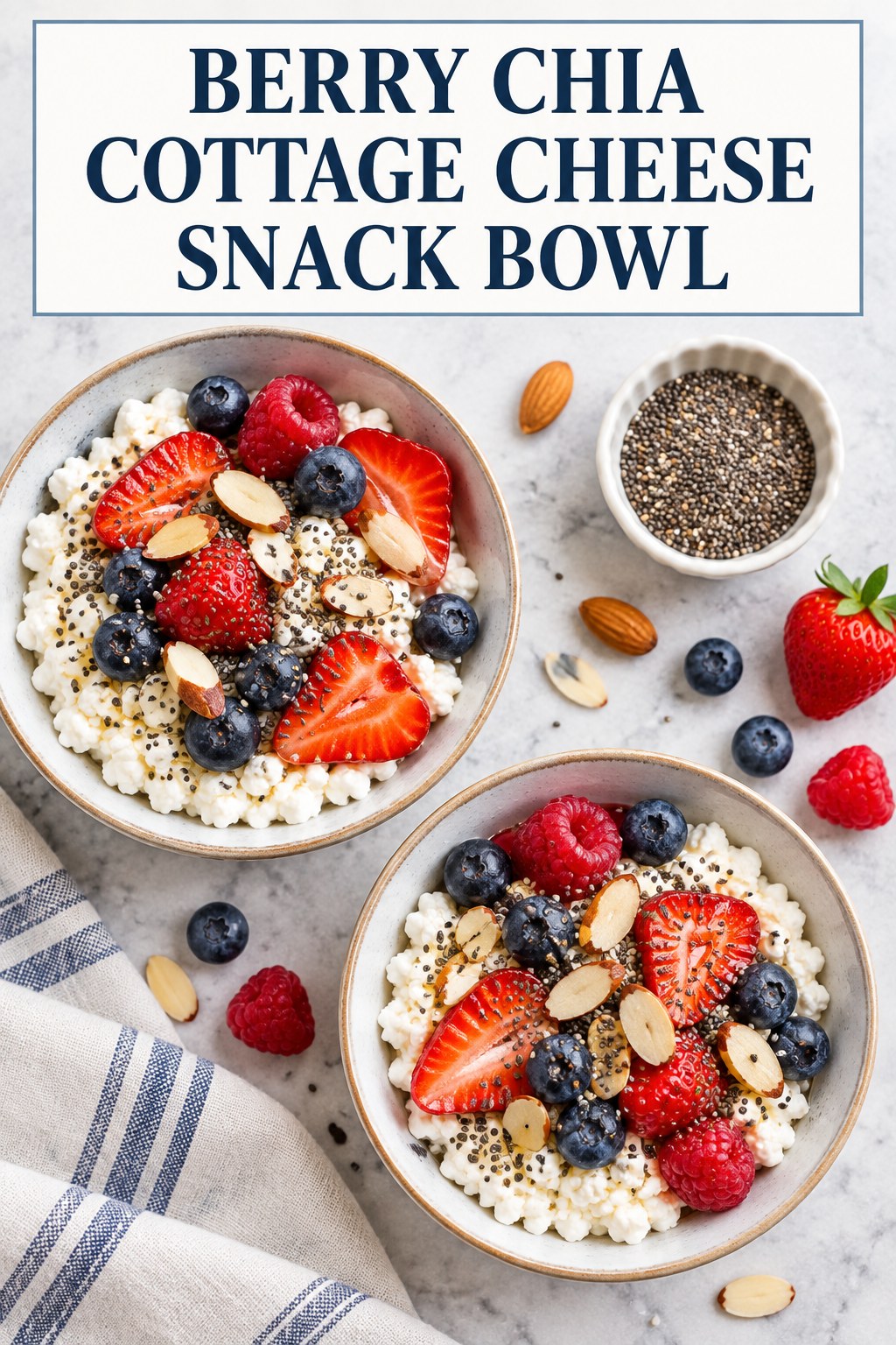 Two servings of berry chia cottage cheese snack bowl with cottage cheese and berries.