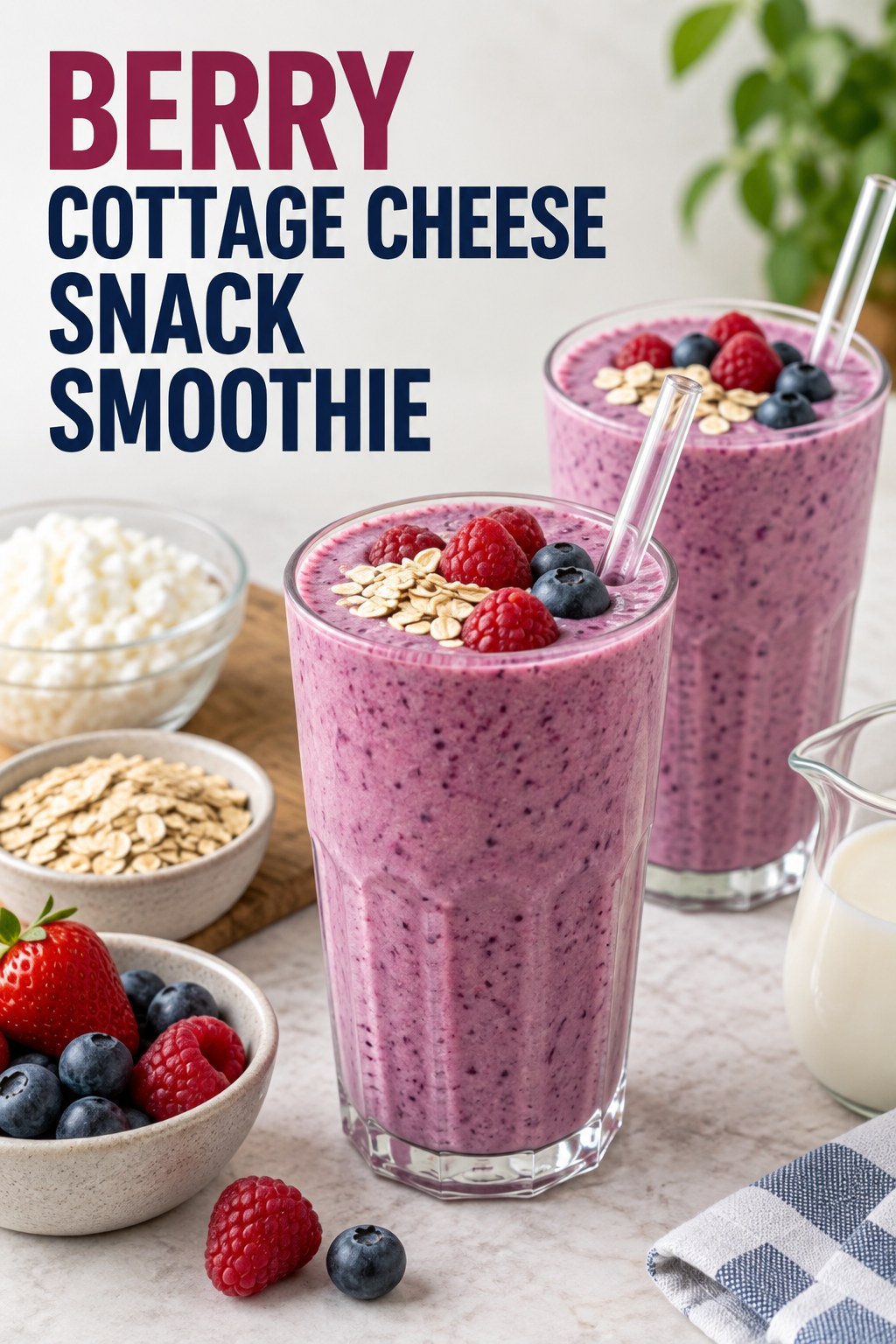 Two servings of berry cottage cheese snack smoothie with cottage cheese and berries.