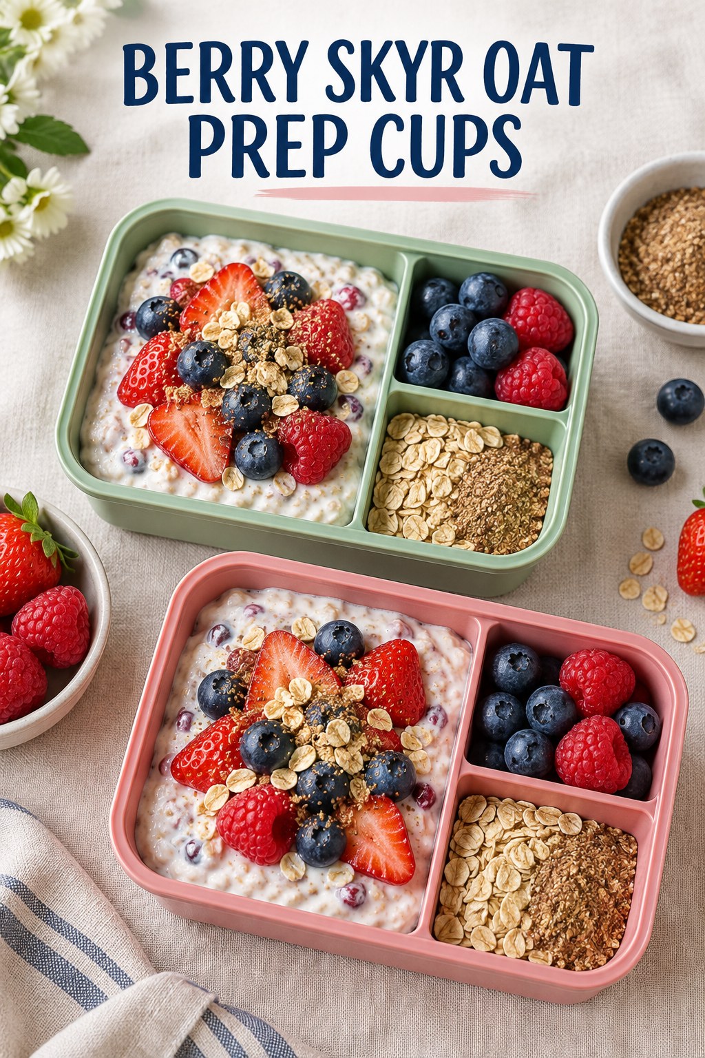 Two servings of berry skyr oat prep cups with skyr and berries.