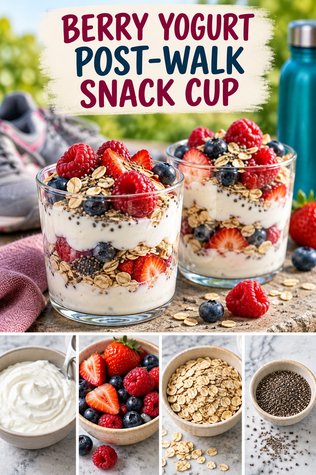 Two servings of berry yogurt post-walk snack cup with Greek yogurt and berries.