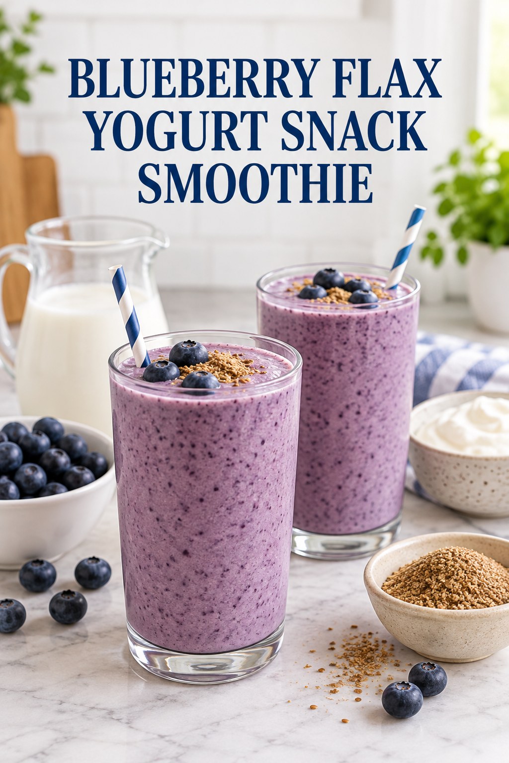 Two servings of blueberry flax yogurt snack smoothie with blueberries and ground flax.