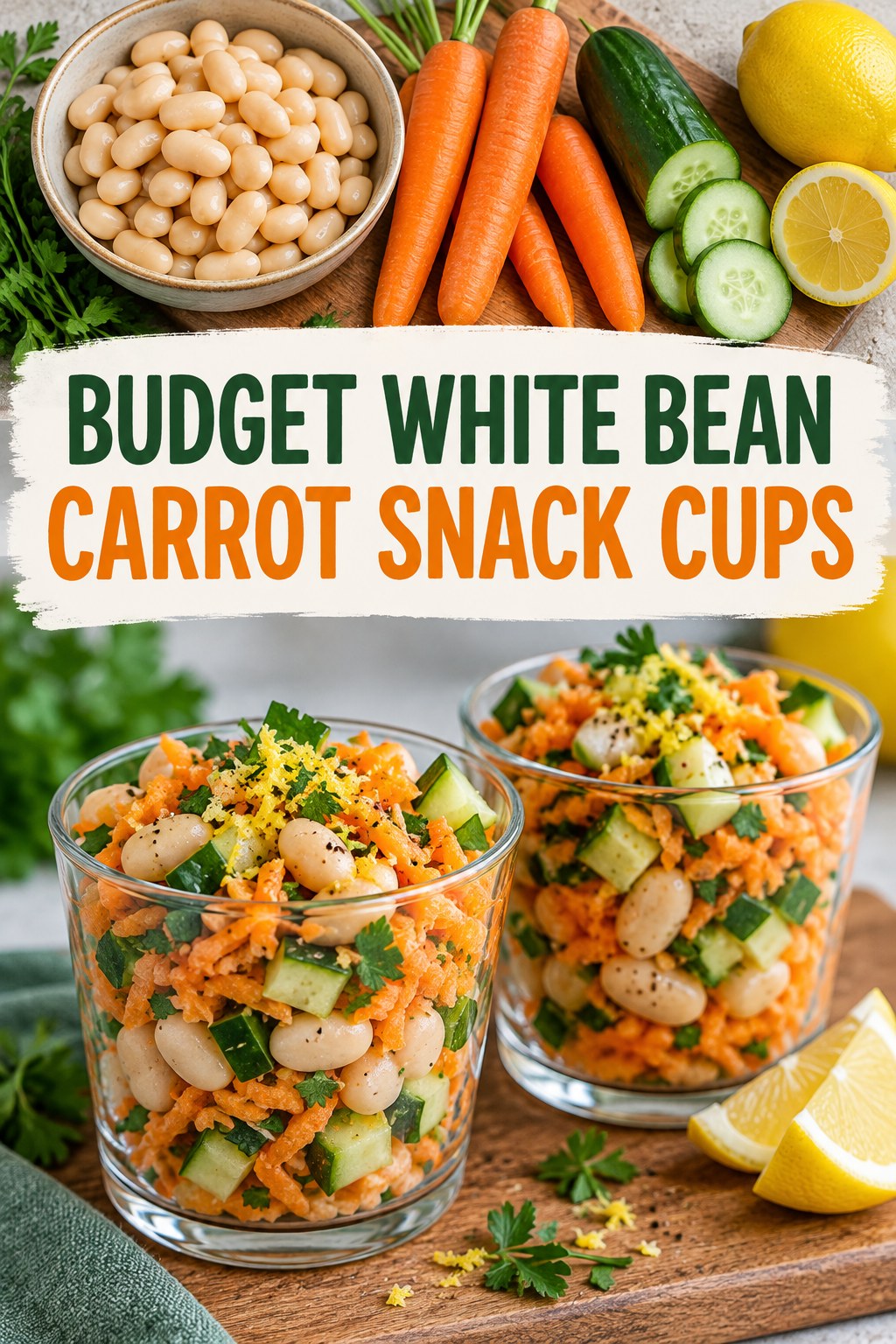 Two servings of budget white bean carrot snack cups with white beans and carrot.