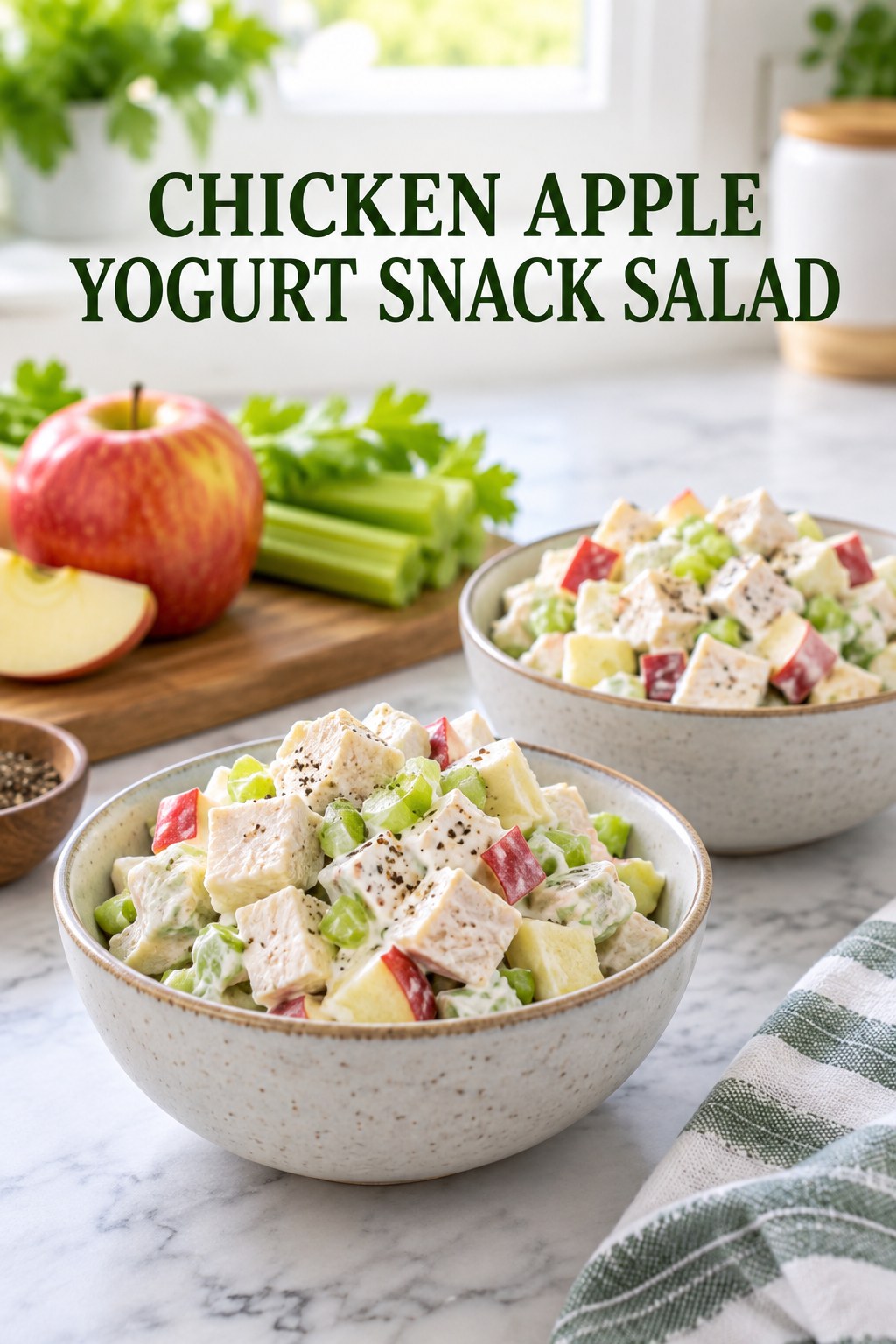 Two servings of chicken apple yogurt snack salad with chicken and apple.