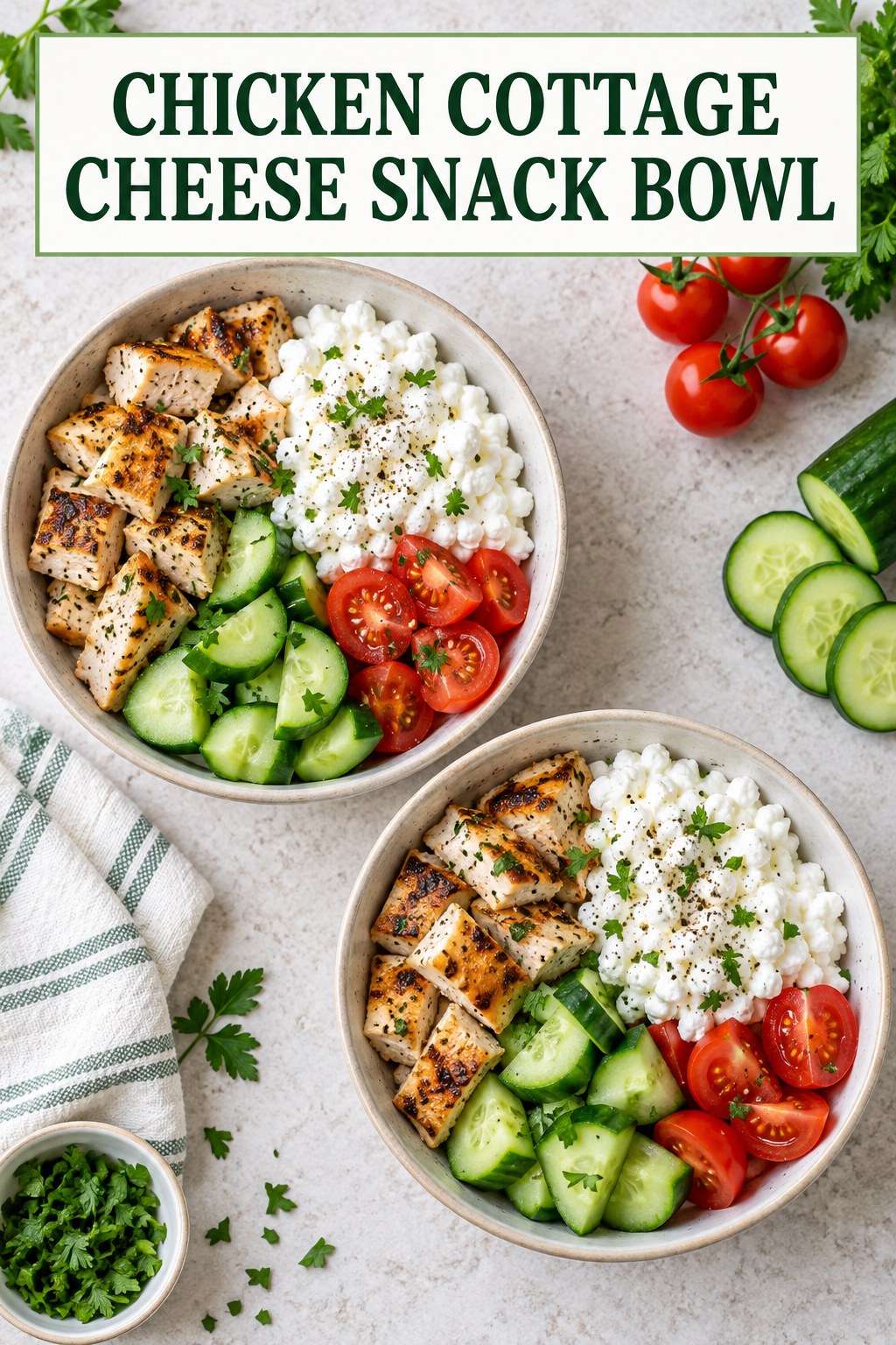 Two servings of chicken cottage cheese snack bowl with chicken and cottage cheese.