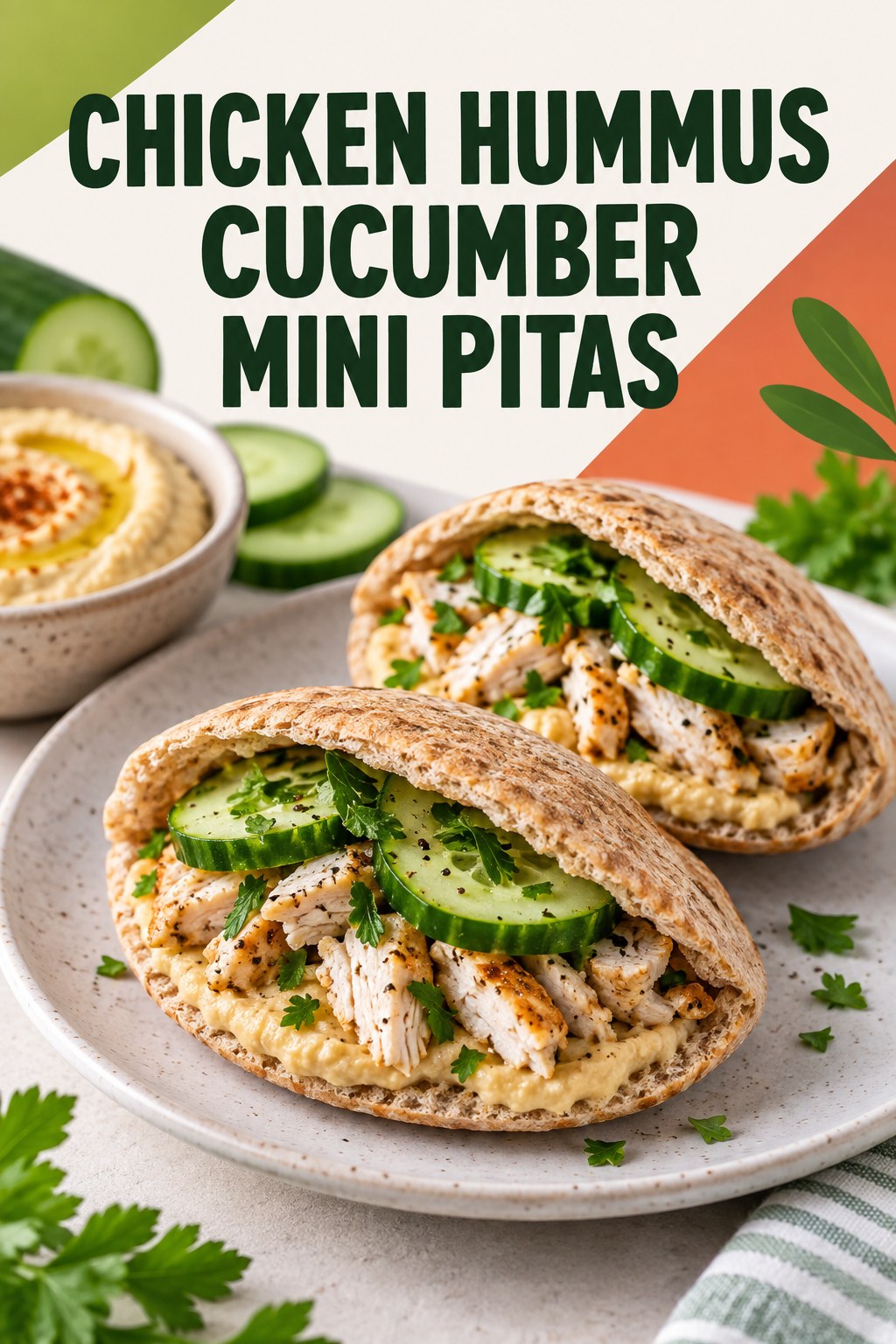 Two servings of chicken hummus cucumber mini pitas with chicken and hummus.