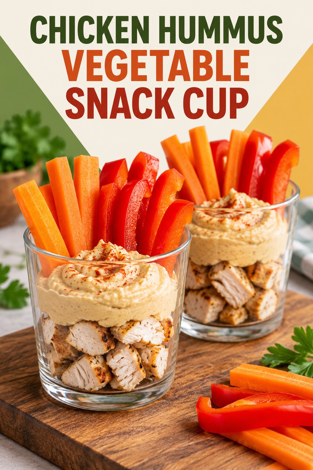 Two servings of chicken hummus vegetable snack cup with chicken and hummus.