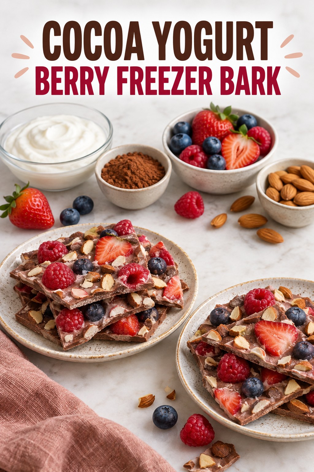 Two servings of cocoa yogurt berry freezer bark with Greek yogurt and berries.