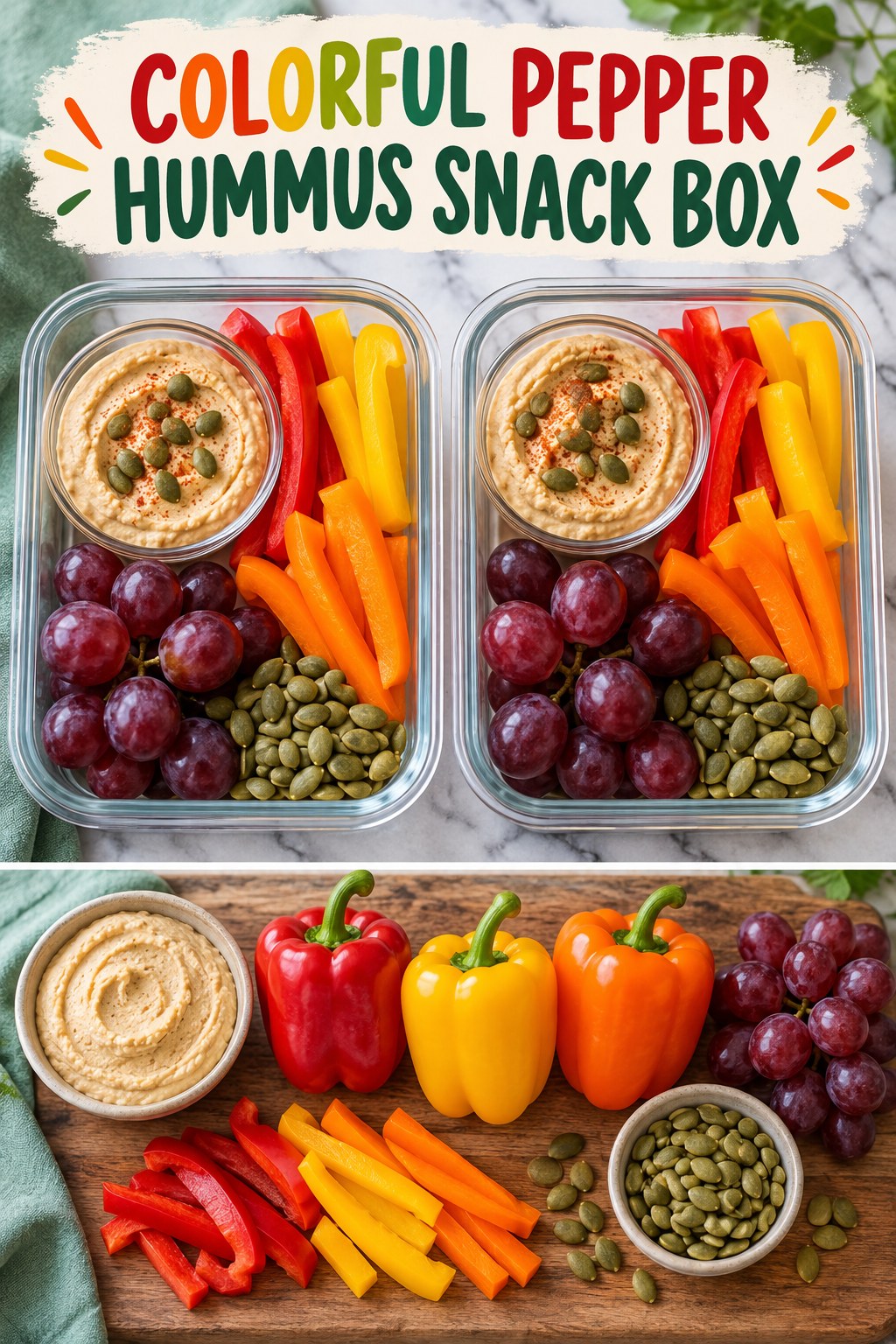 Two servings of colorful pepper hummus snack box with hummus and bell pepper.