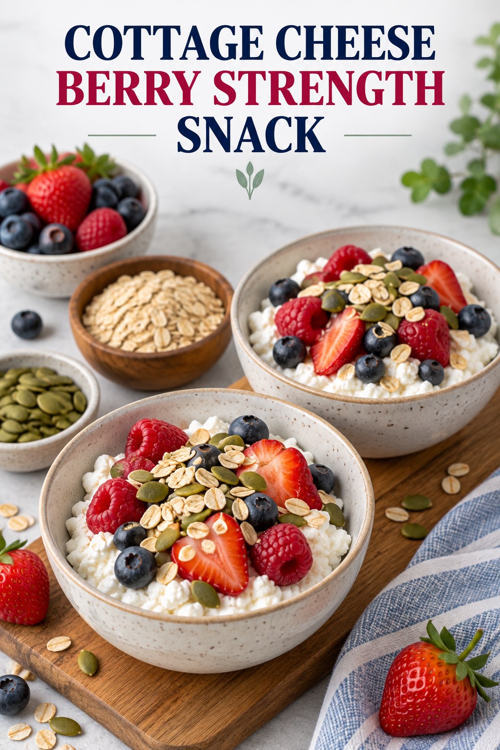 Two servings of cottage cheese berry strength snack with cottage cheese and berries.