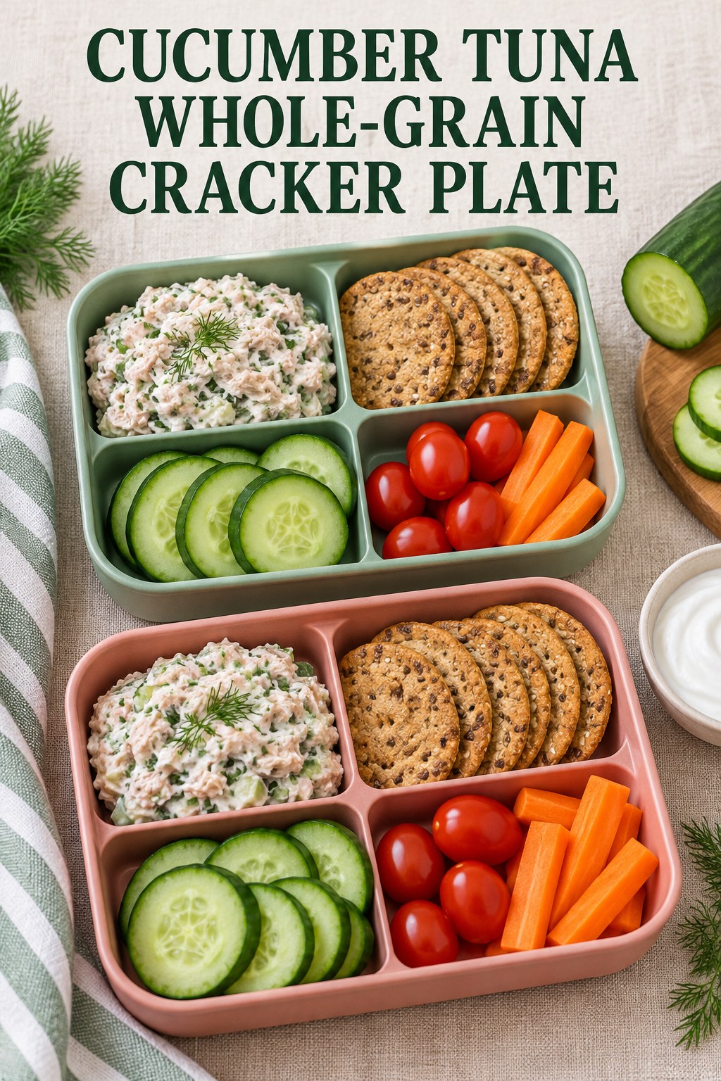 Two servings of cucumber tuna whole-grain cracker plate with tuna and cucumber.