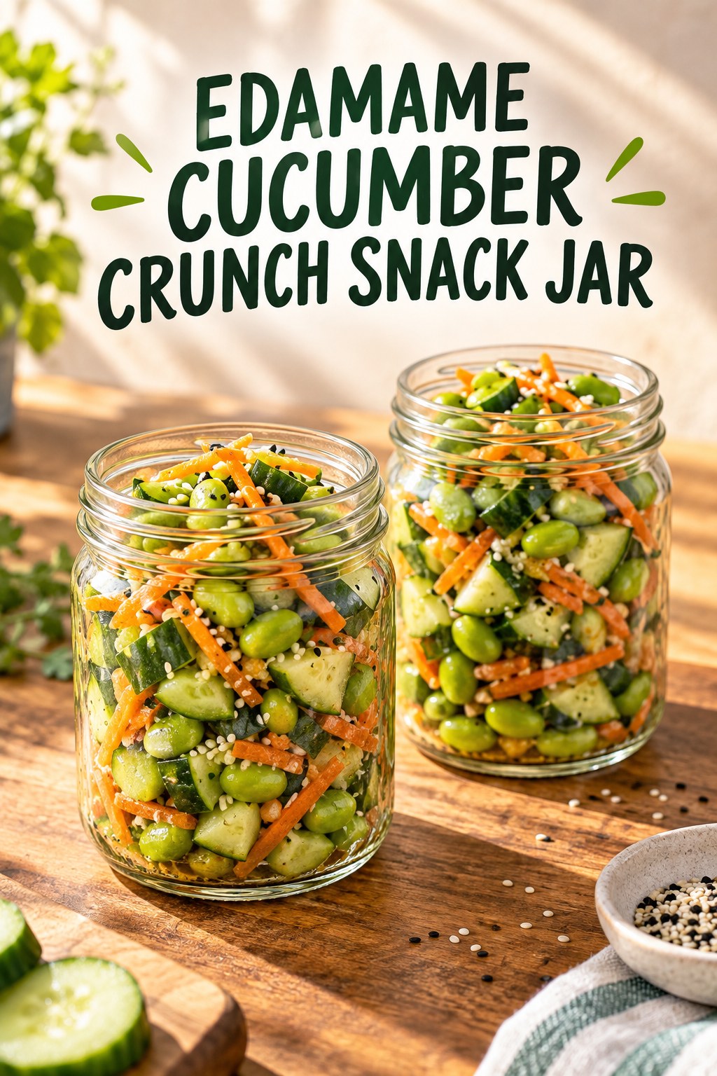 Two servings of edamame cucumber crunch snack jar with edamame and cucumber.