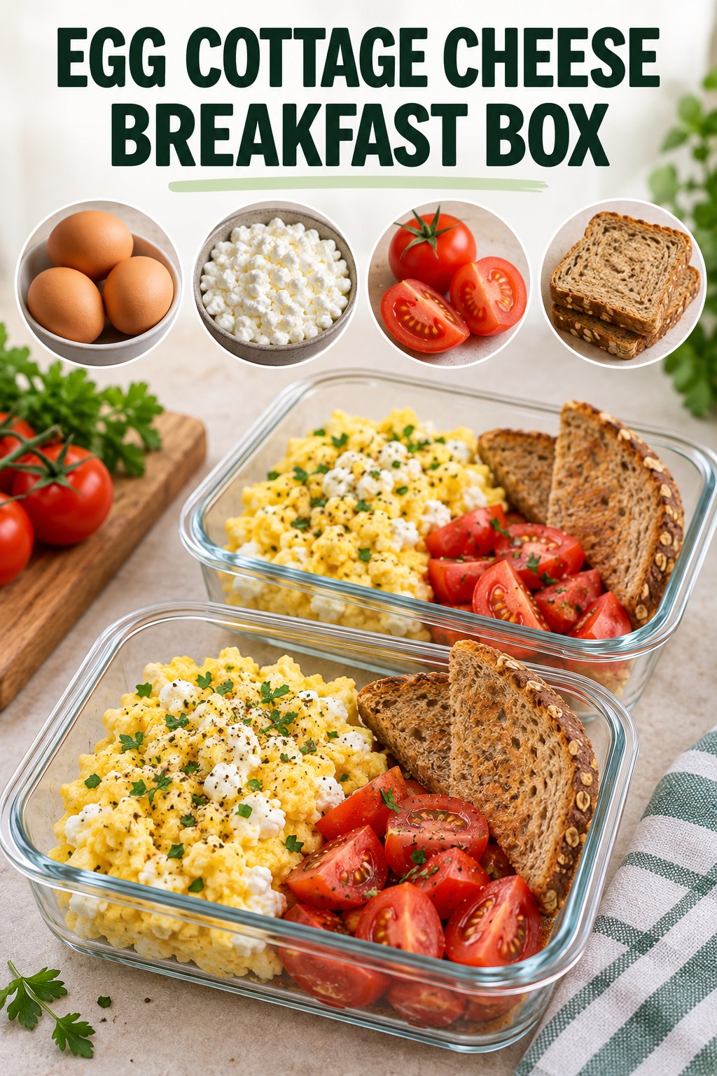 Two servings of egg cottage cheese breakfast box with egg and cottage cheese.