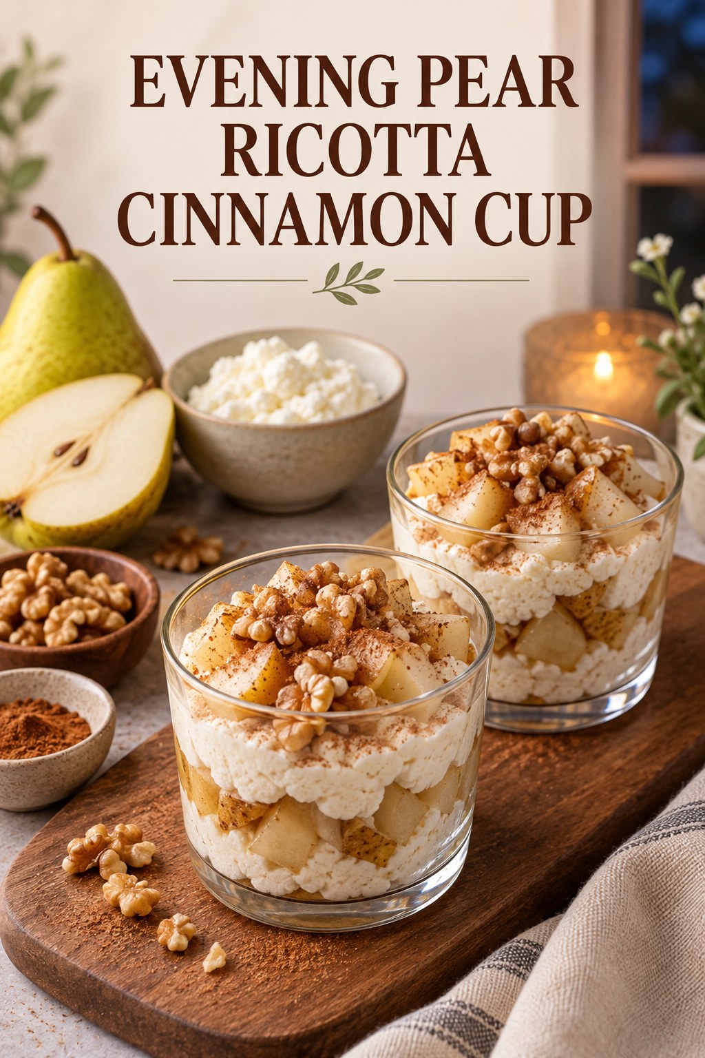 Two servings of evening pear ricotta cinnamon cup with pear and ricotta.