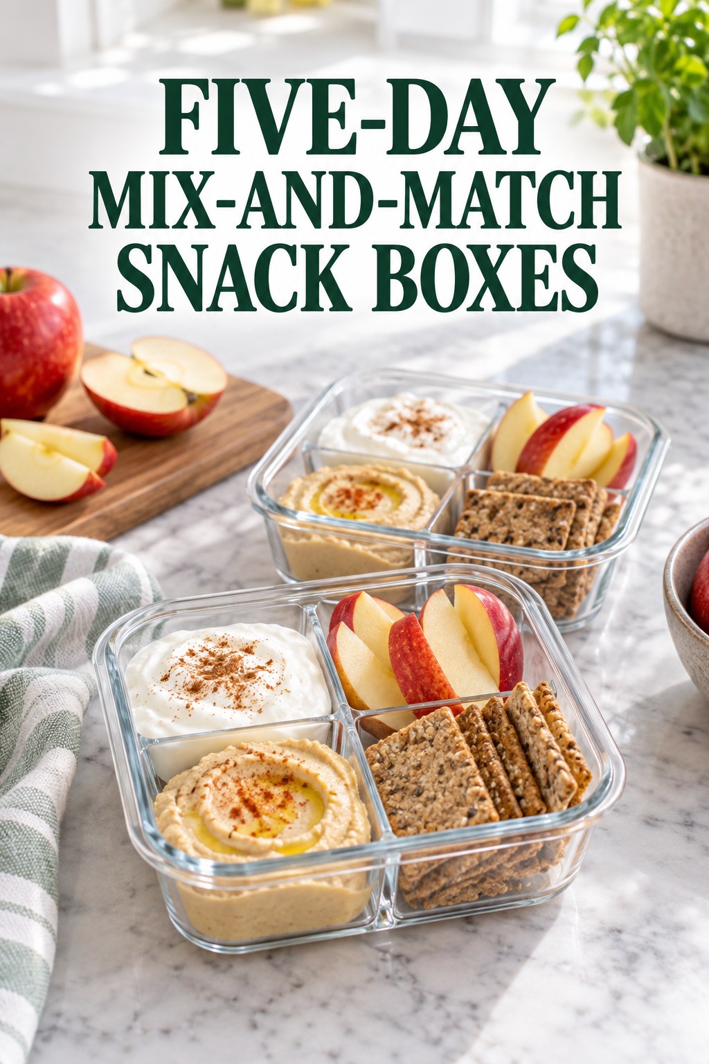 Two servings of five-day mix-and-match snack boxes with Greek yogurt and apple.