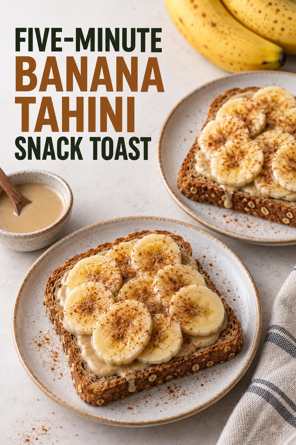 Two servings of five-minute banana tahini snack toast with banana and tahini.