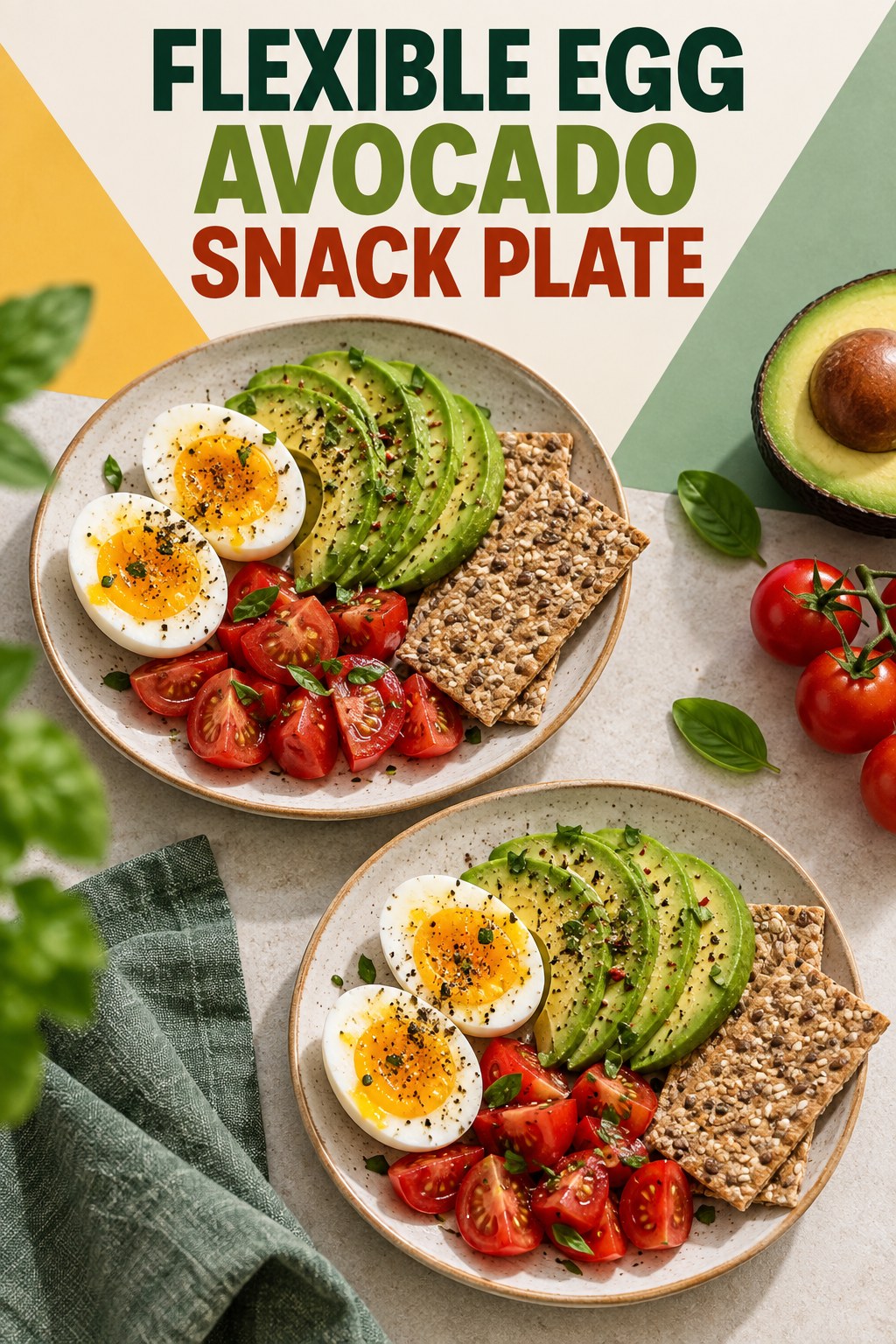 Two servings of flexible egg avocado snack plate with egg and avocado.
