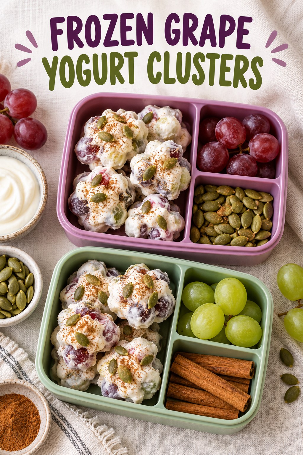Two servings of frozen grape yogurt clusters with grapes and Greek yogurt.