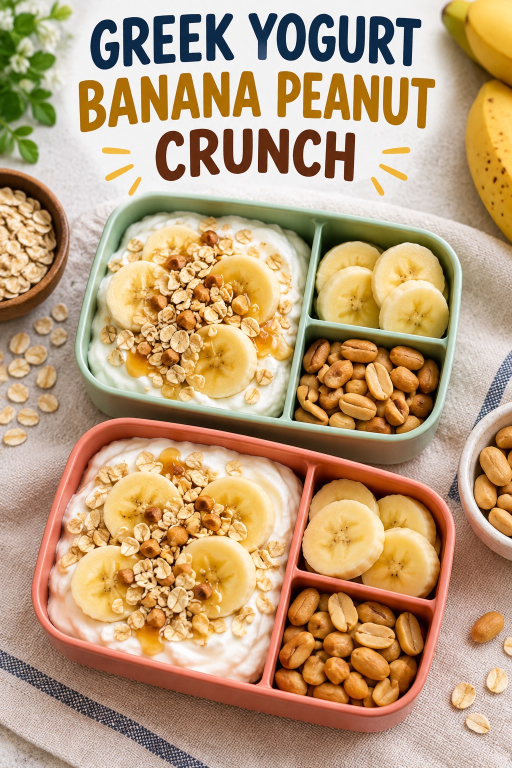 Two servings of greek yogurt banana peanut crunch with Greek yogurt and banana.